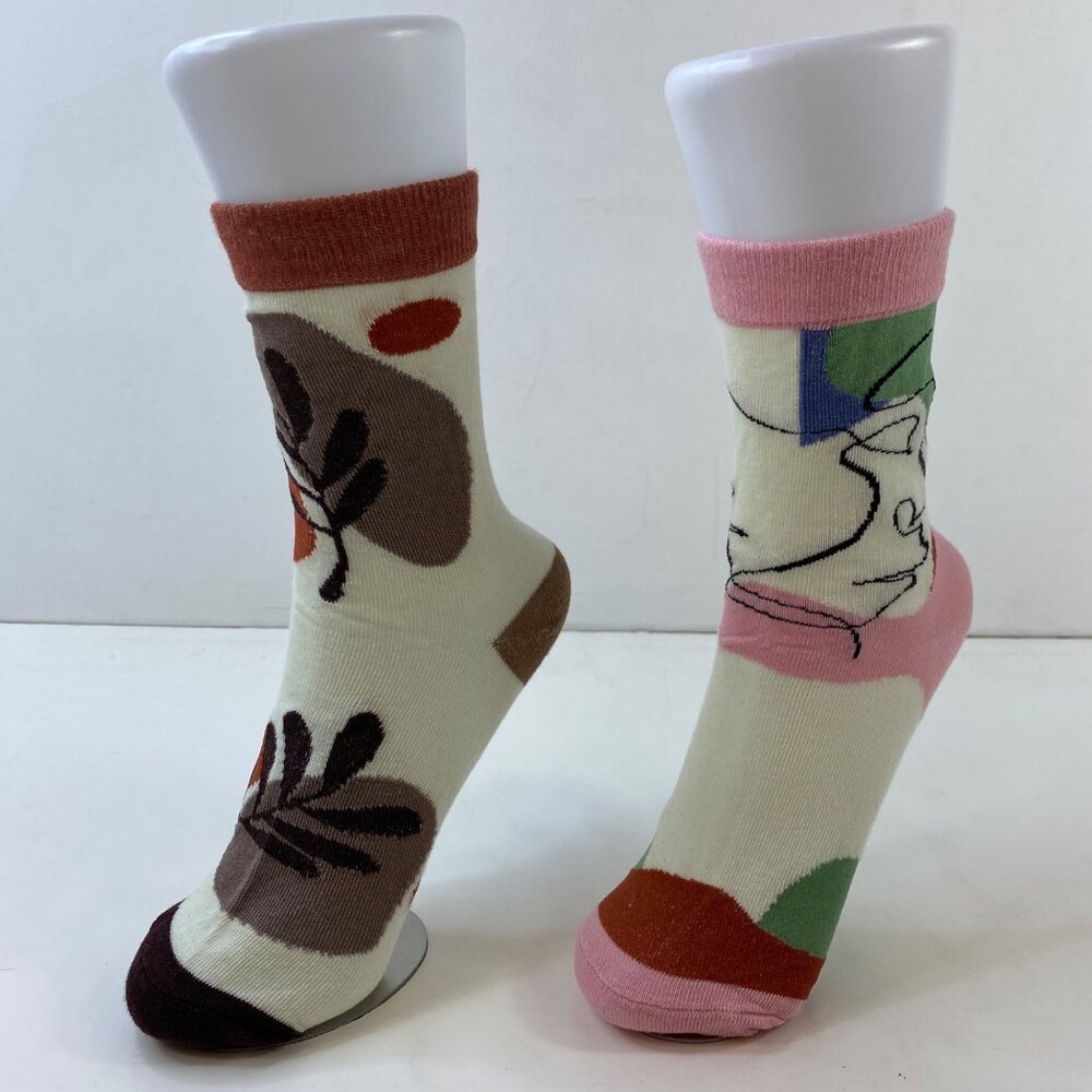 Womens Crew Socks Set 2 Abstract Art Leaves Face Cream Brown Pink Green Black